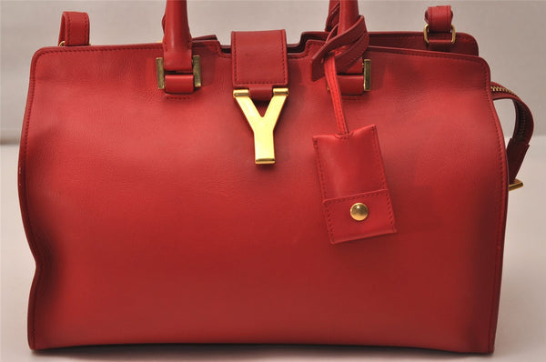 Authentic YVES SAINT LAURENT Cabas Shyc 2Way Shoulder Tote Bag Leather Red 8949J