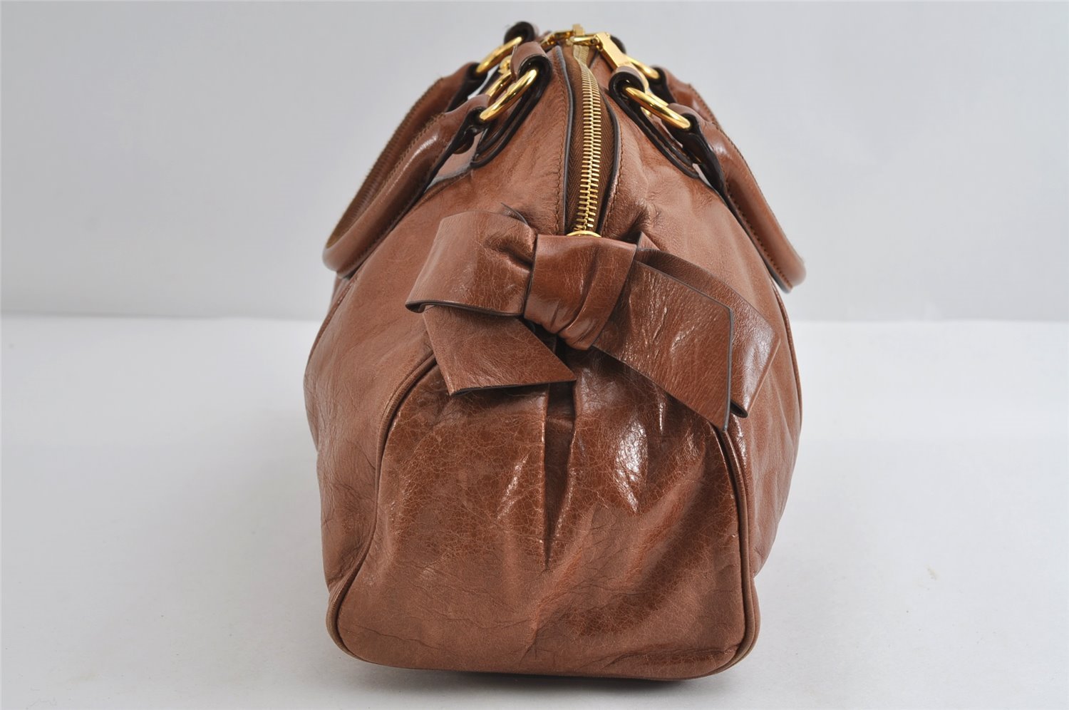 Authentic MIU MIU Ribbon Leather 2Way Shoulder Cross Body Hand Bag Brown 8958I