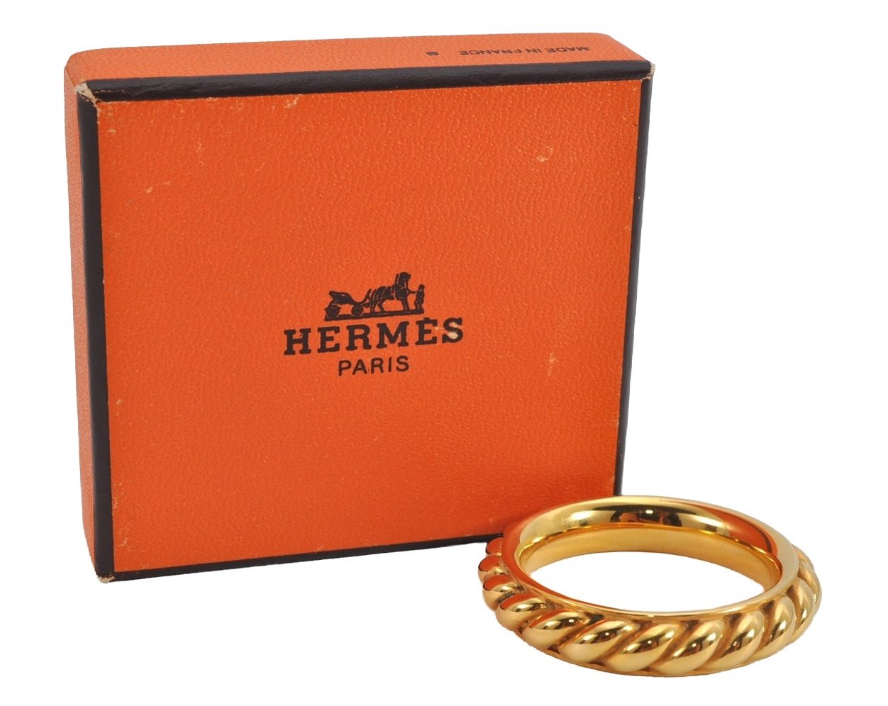 Authentic HERMES Scarf Ring Rope Design Gold Tone Box 8965J