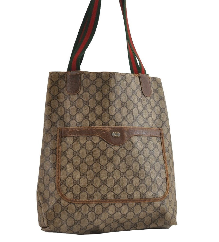 Authentic GUCCI Web Sherry Line Tote Bag GG PVC Leather Brown Junk 8976I
