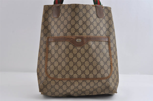 Authentic GUCCI Web Sherry Line Tote Bag GG PVC Leather Brown Junk 8976I
