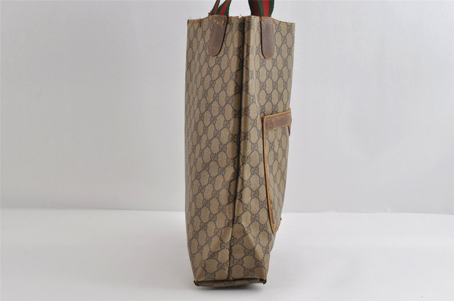 Authentic GUCCI Web Sherry Line Tote Bag GG PVC Leather Brown Junk 8976I