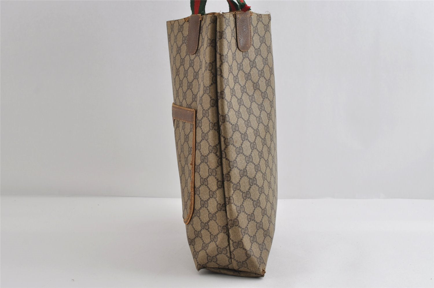 Authentic GUCCI Web Sherry Line Tote Bag GG PVC Leather Brown Junk 8976I