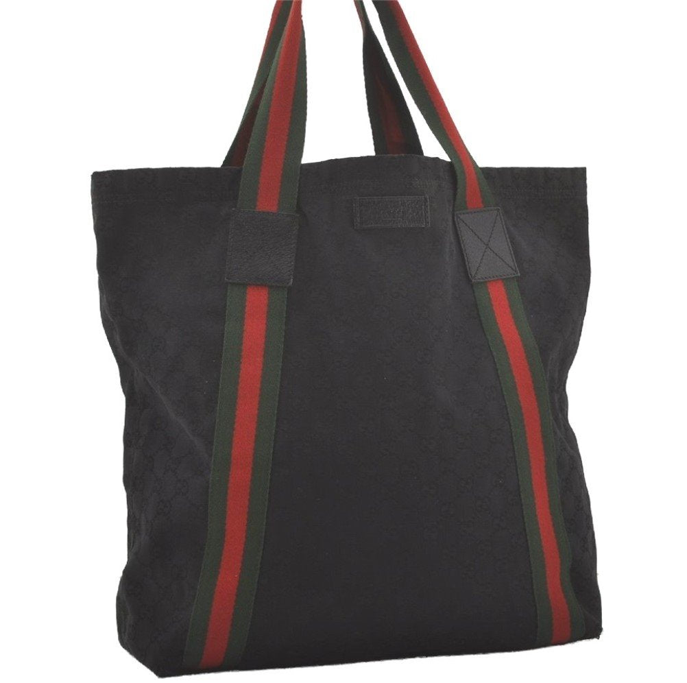 Authentic GUCCI Web Sherry Line Tote Bag GG Canvas Leather 189669 Black 8978I