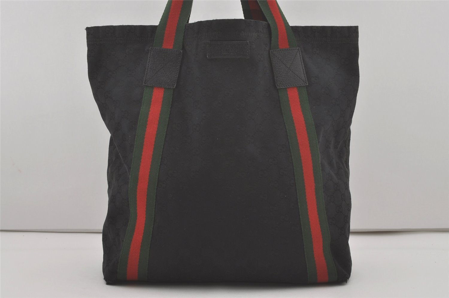 Authentic GUCCI Web Sherry Line Tote Bag GG Canvas Leather 189669 Black 8978I