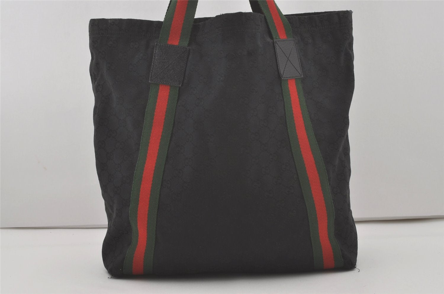 Authentic GUCCI Web Sherry Line Tote Bag GG Canvas Leather 189669 Black 8978I