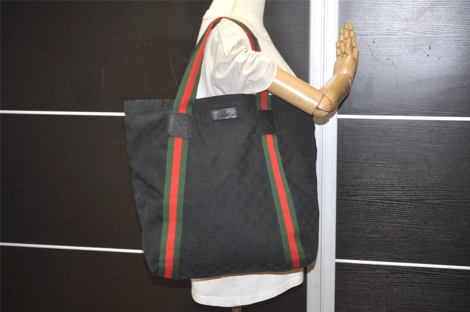 Authentic GUCCI Web Sherry Line Tote Bag GG Canvas Leather 189669 Black 8978I