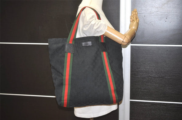 Authentic GUCCI Web Sherry Line Tote Bag GG Canvas Leather 189669 Black 8978I