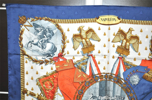 Authentic HERMES Carre 90 Scarf "NAPOLEON" Silk Navy 8979I