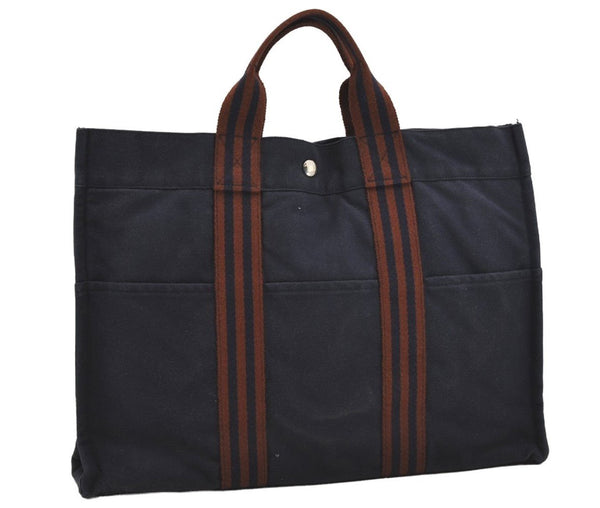 Authentic HERMES Fourre Tout MM Vintage Hand Tote Bag Canvas Navy 8990I