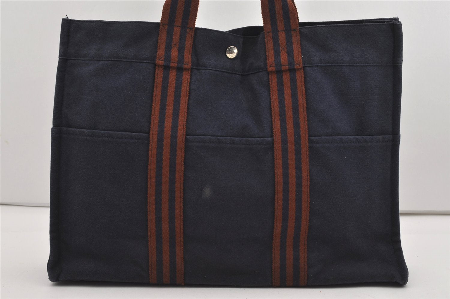 Authentic HERMES Fourre Tout MM Vintage Hand Tote Bag Canvas Navy 8990I