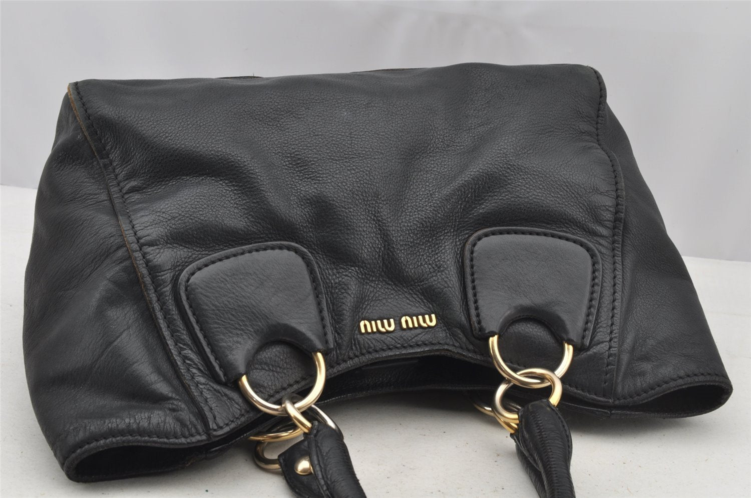 Authentic MIU MIU Vintage Leather Hand Tote Bag Black 8997I