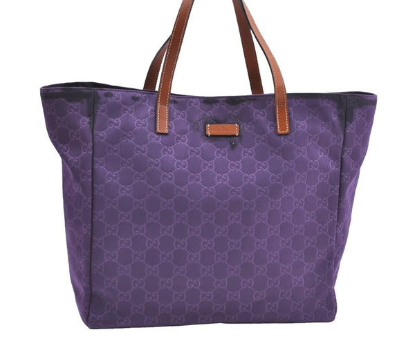 Authentic GUCCI Vintage Shoulder Tote Bag GG Nylon Leather 282439 Purple 9000G