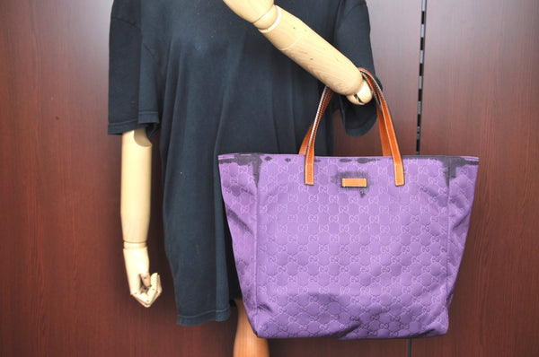 Authentic GUCCI Vintage Shoulder Tote Bag GG Nylon Leather 282439 Purple 9000G