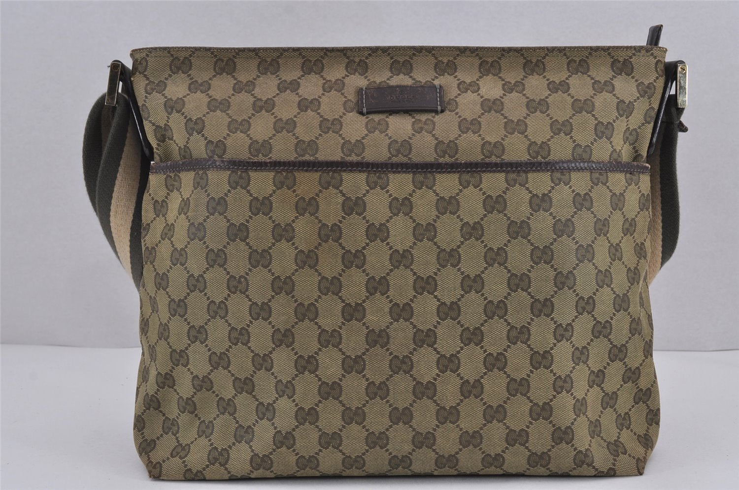 Authentic GUCCI Sherry Line Shoulder Bag GG Canvas Leather 189751 Khaki 9005J