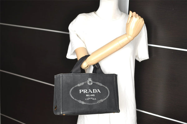 Authentic PRADA Canapa SS Vintage Canvas Hand Bag Purse Black 9010I