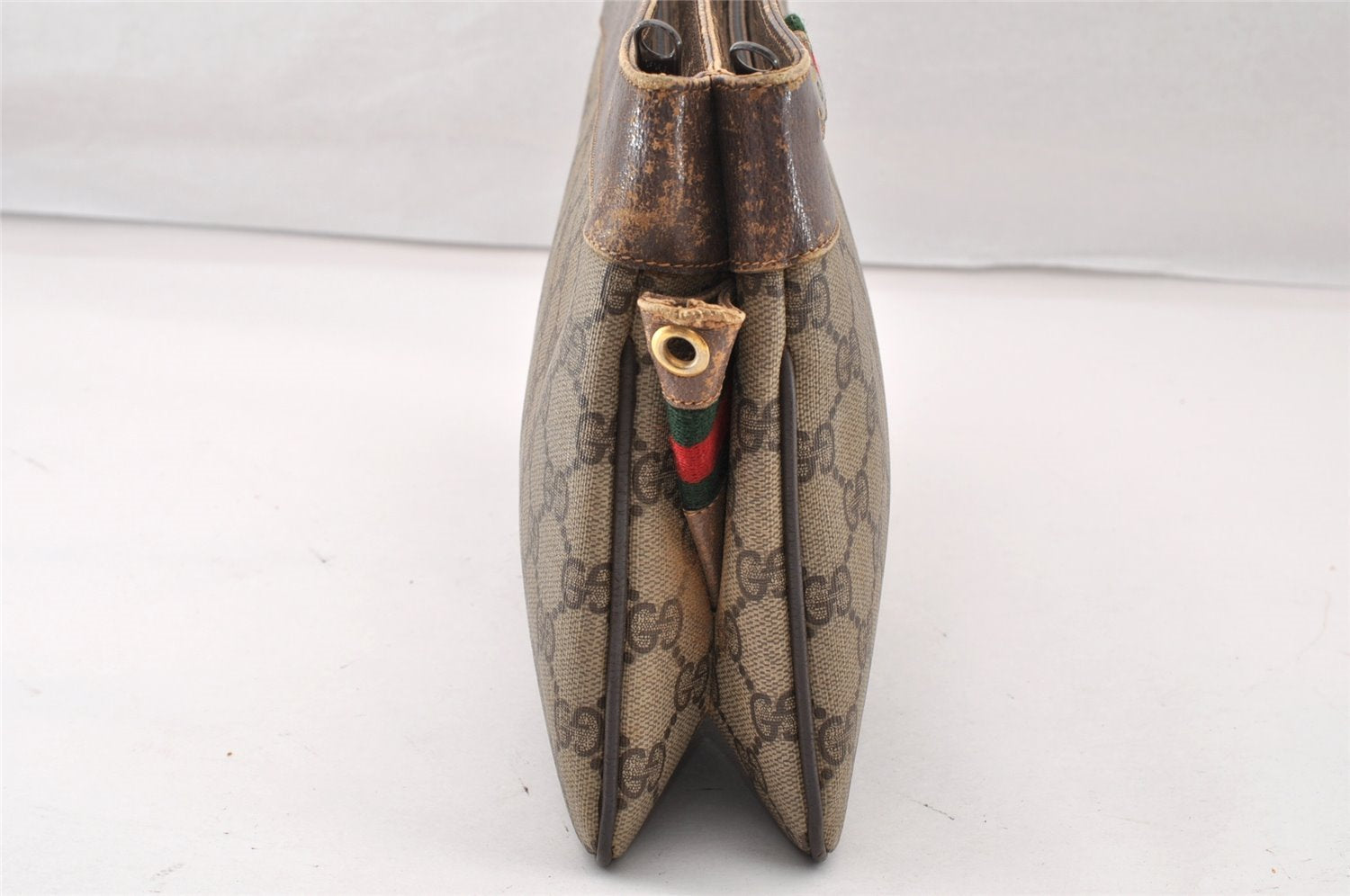 Authentic GUCCI Web Sherry Line 2Way Clutch Bag GG PVC Leather Brown Junk 9017I