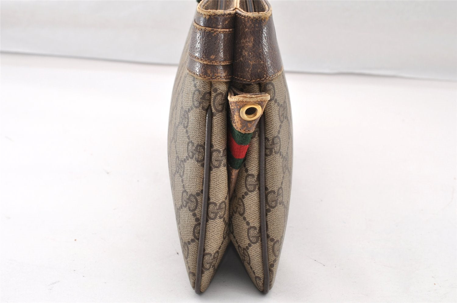 Authentic GUCCI Web Sherry Line 2Way Clutch Bag GG PVC Leather Brown Junk 9017I