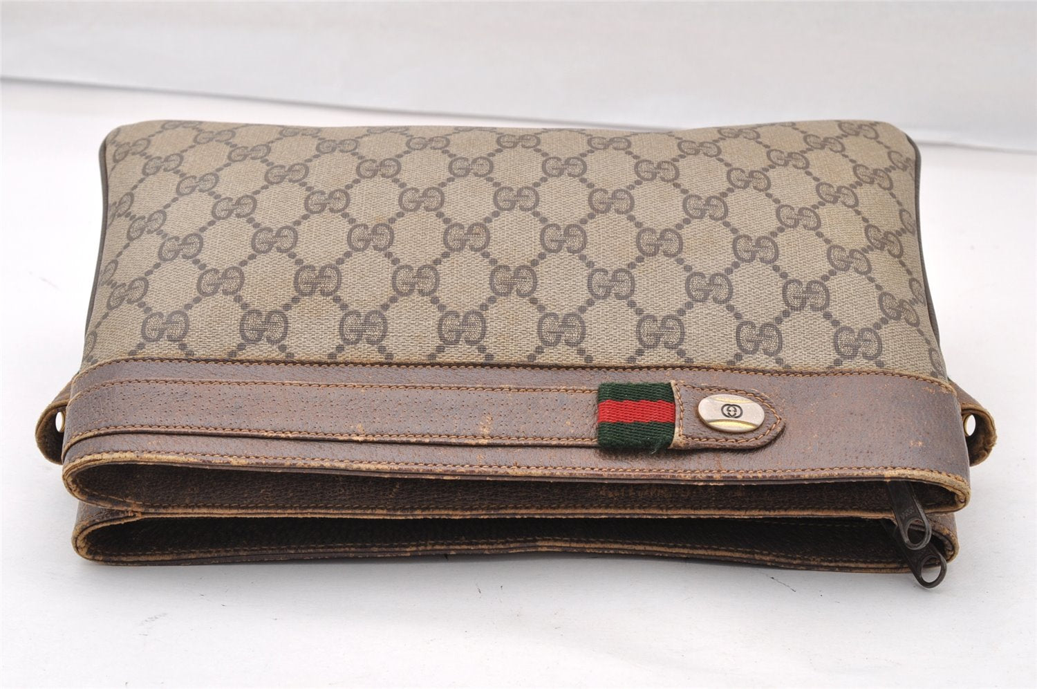 Authentic GUCCI Web Sherry Line 2Way Clutch Bag GG PVC Leather Brown Junk 9017I