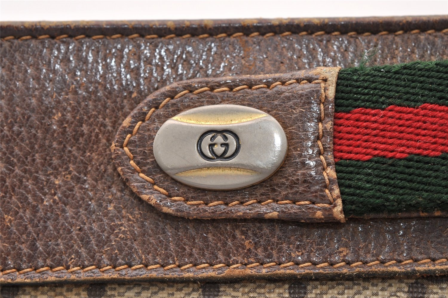 Authentic GUCCI Web Sherry Line 2Way Clutch Bag GG PVC Leather Brown Junk 9017I