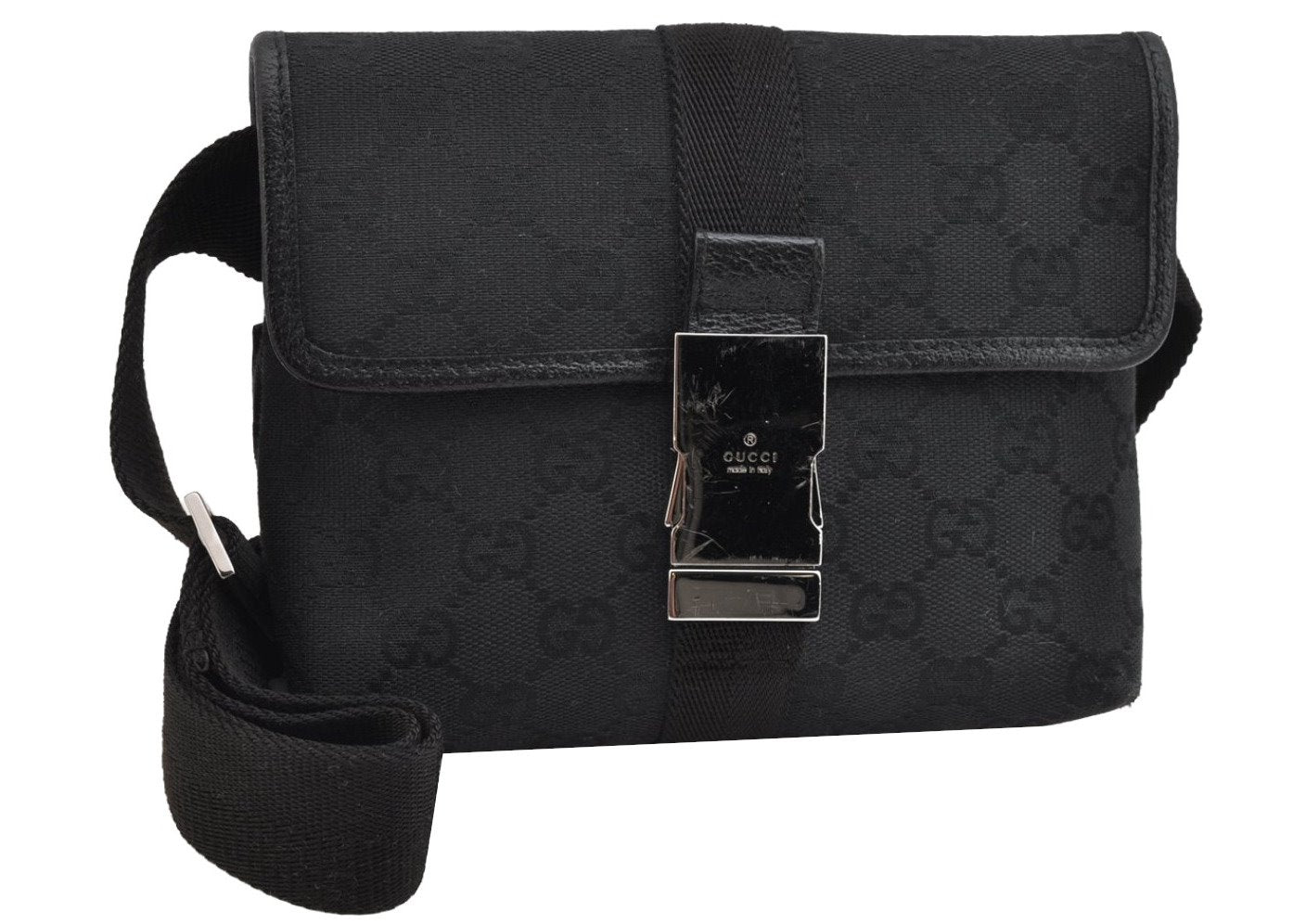 Authentic GUCCI Waist Body Bag Purse GG Canvas Leather 131236 Black 9018J