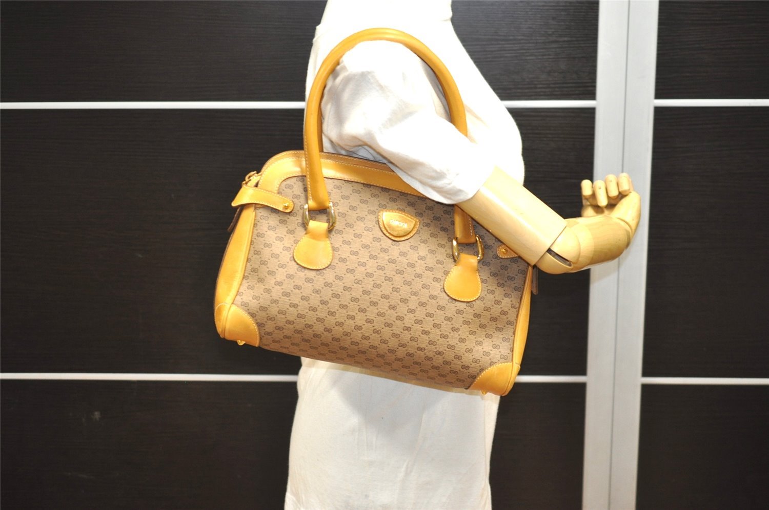 Authentic GUCCI Vintage Micro GG PVC Leather Hand Boston Bag Brown Junk 9020I