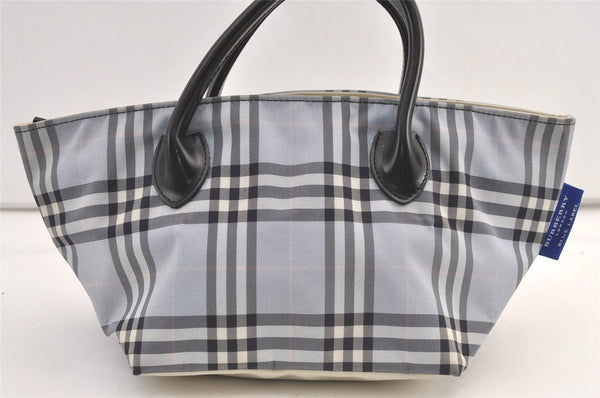 Authentic BURBERRY BLUE LABEL Check Hand Tote Bag Nylon Leather Light Blue 9021J