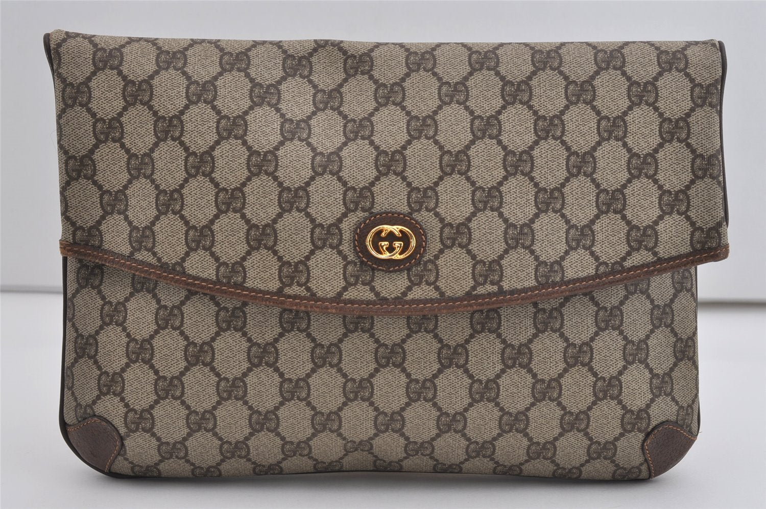 Authentic GUCCI Vintage Clutch Hand Bag GG PVC Leather Brown 9023I
