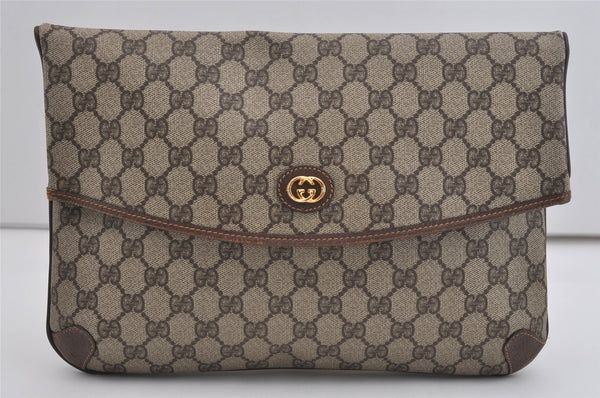 Authentic GUCCI Vintage Clutch Hand Bag GG PVC Leather Brown 9023I