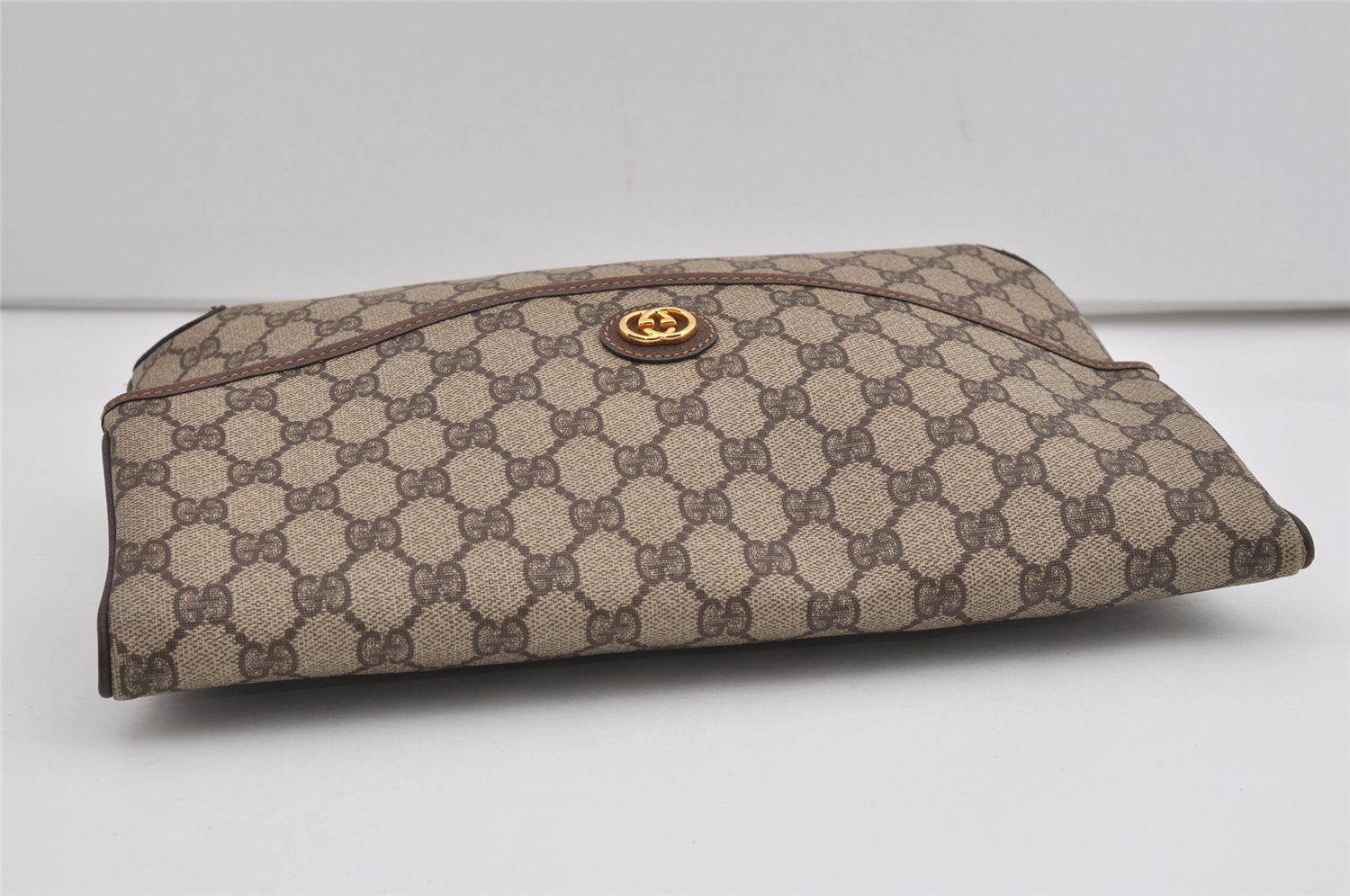 Authentic GUCCI Vintage Clutch Hand Bag GG PVC Leather Brown 9023I