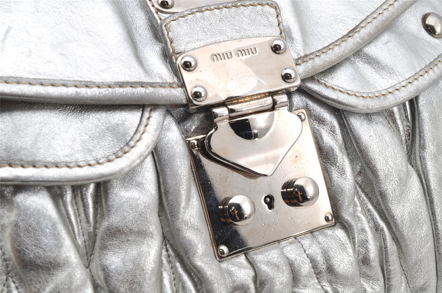 Authentic MIU MIU Matelasse Leather 2Way Shoulder Tote Bag Silver 9026I