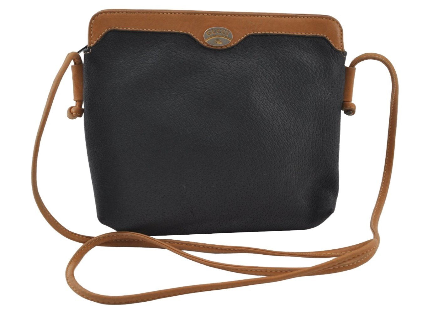 Authentic GUCCI Vintage Shoulder Cross Body Bag Purse Leather Navy Black 9029I