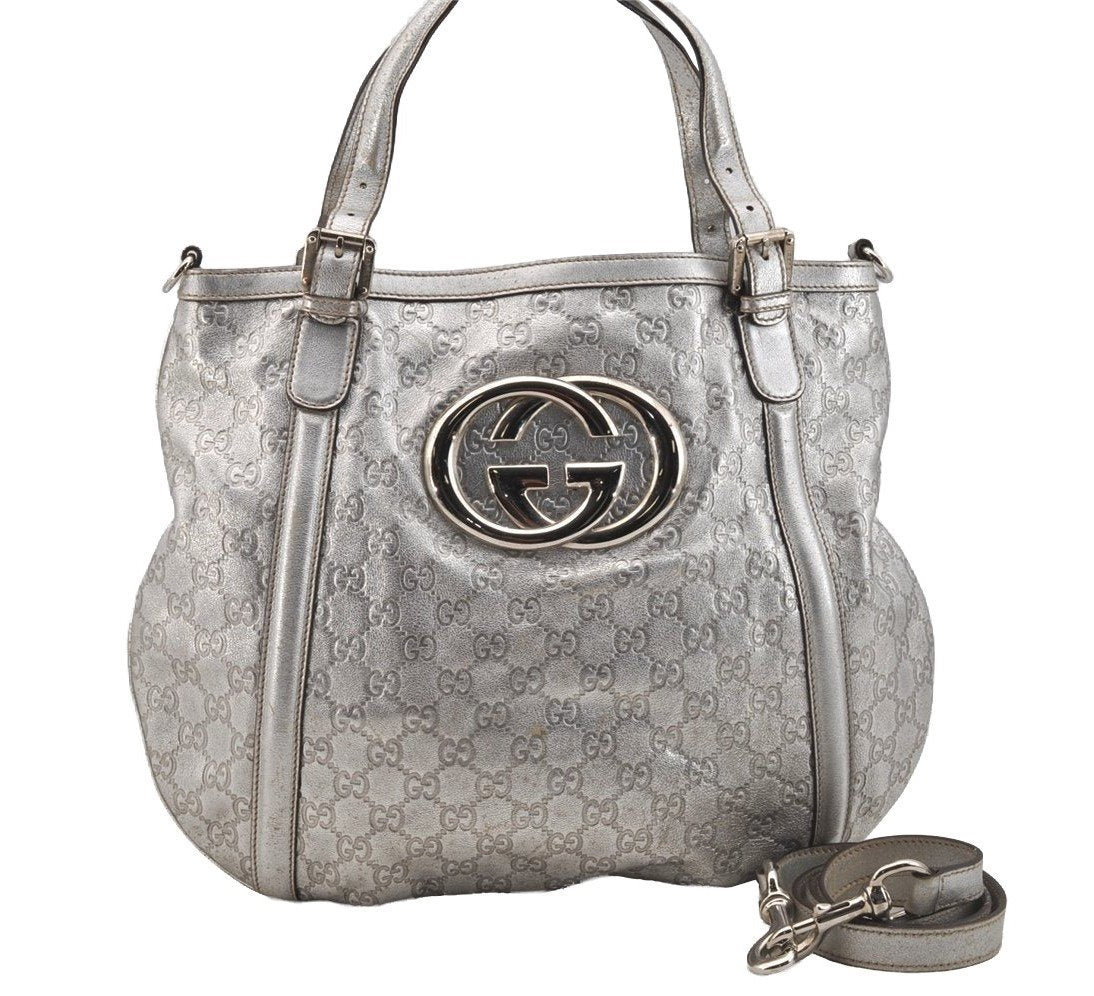 Auth GUCCI Guccissima 2Way Shoulder Hand Tote Bag GG Leather 162886 Silver 9034I