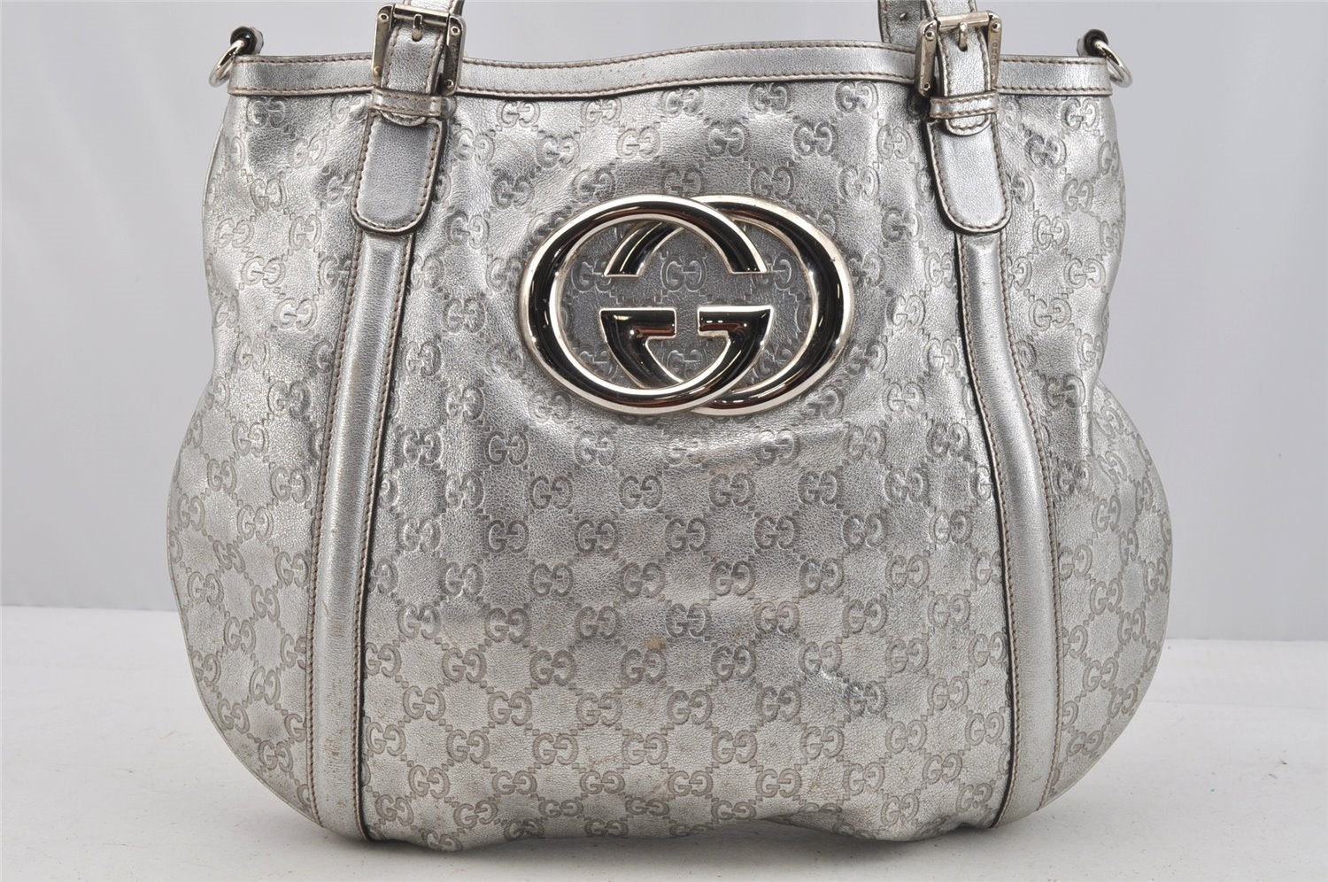 Auth GUCCI Guccissima 2Way Shoulder Hand Tote Bag GG Leather 162886 Silver 9034I