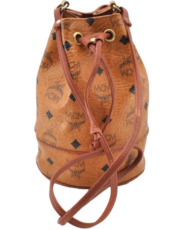 Authentic MCM Visetos Leather Shoulder Cross Drawstring Bag Purse Brown 9038I