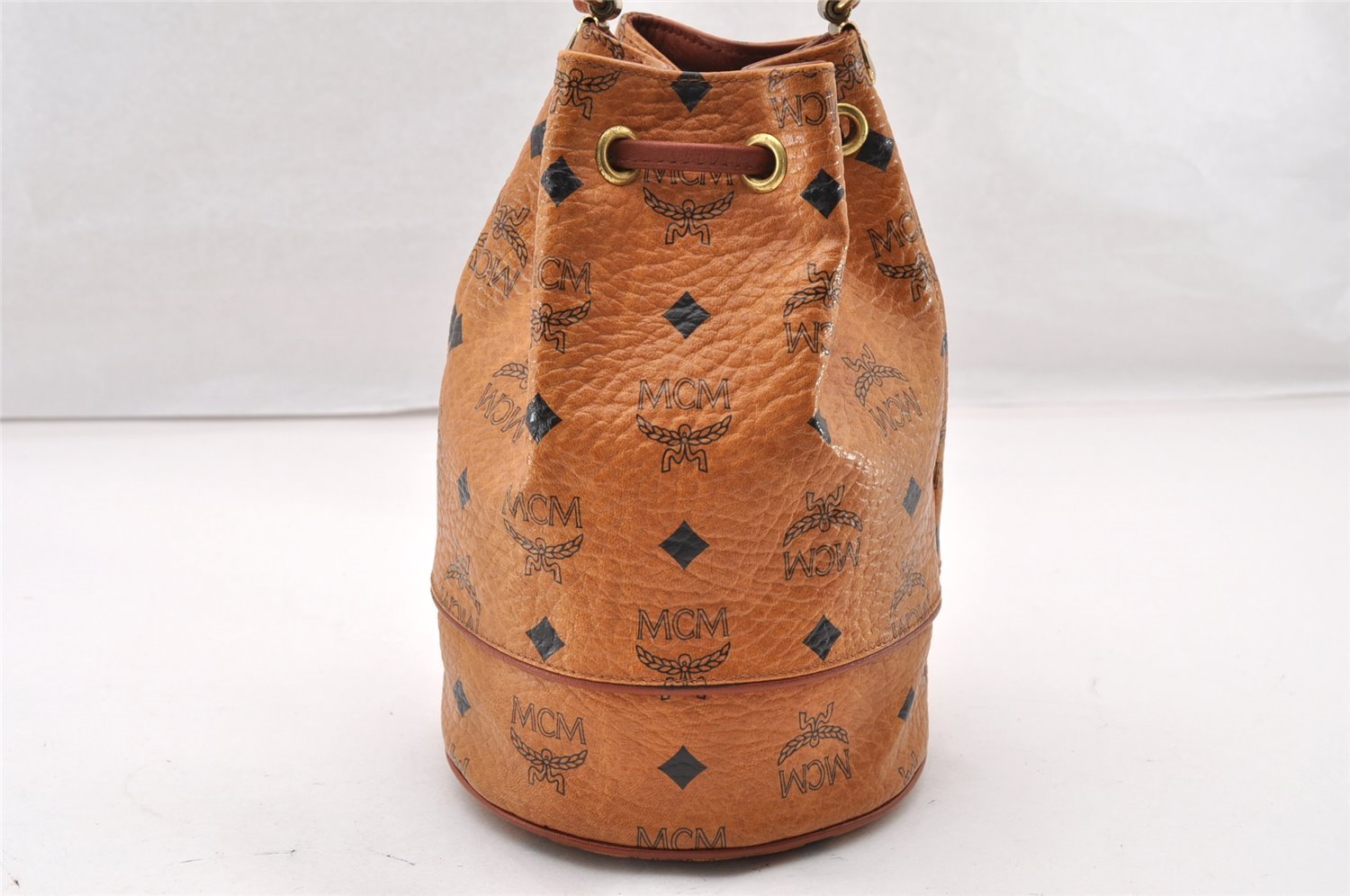 Authentic MCM Visetos Leather Shoulder Cross Drawstring Bag Purse Brown 9038I