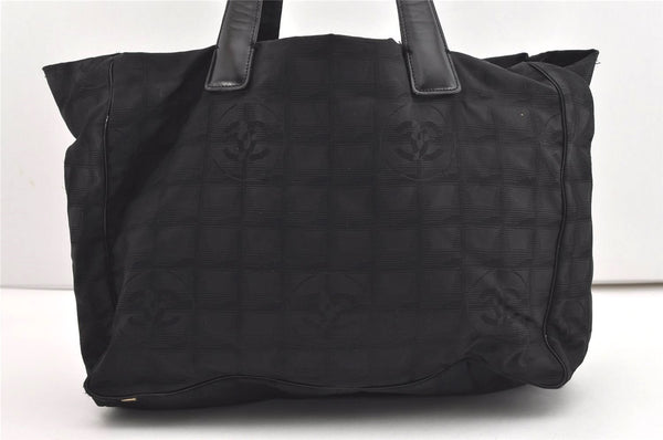 Authentic CHANEL New Travel Line Shoulder Tote Bag Nylon Leather Black 9043I