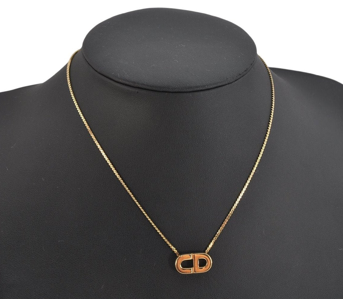 Authentic Christian Dior Gold Tone Chain Pendant Necklace CD 9050J