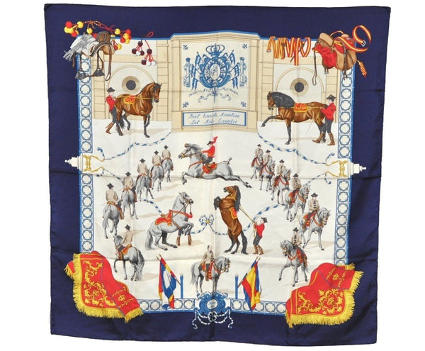 Authentic HERMES Carre 90 Scarf "Real Escuela Andaluza del Arte" Silk Navy 9055I