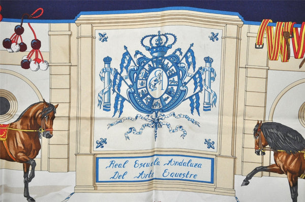 Authentic HERMES Carre 90 Scarf "Real Escuela Andaluza del Arte" Silk Navy 9055I