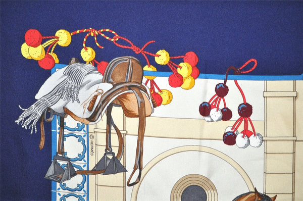 Authentic HERMES Carre 90 Scarf "Real Escuela Andaluza del Arte" Silk Navy 9055I
