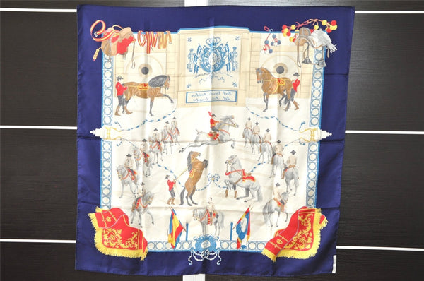 Authentic HERMES Carre 90 Scarf "Real Escuela Andaluza del Arte" Silk Navy 9055I
