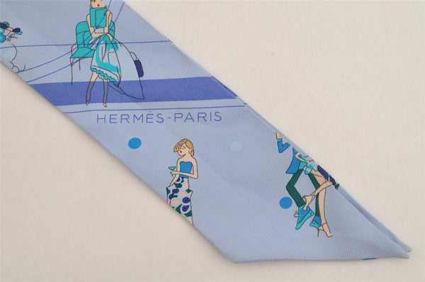 Authentic HERMES Twilly Scarf "Ex Libris Les Parisiennes" Silk Blue Box 9063J