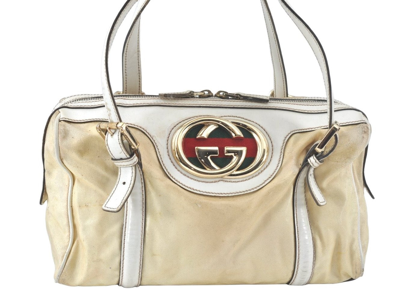 Authentic GUCCI Web Sherry Line Britt Boston Hand Bag PVC 170009 White 9073I