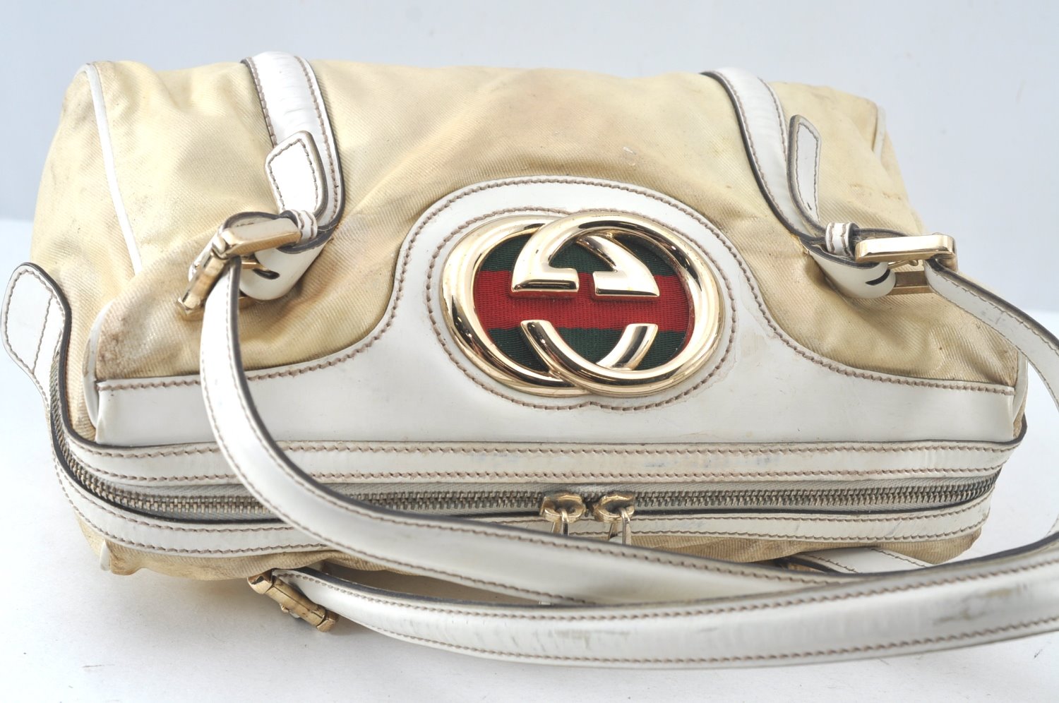Authentic GUCCI Web Sherry Line Britt Boston Hand Bag PVC 170009 White 9073I