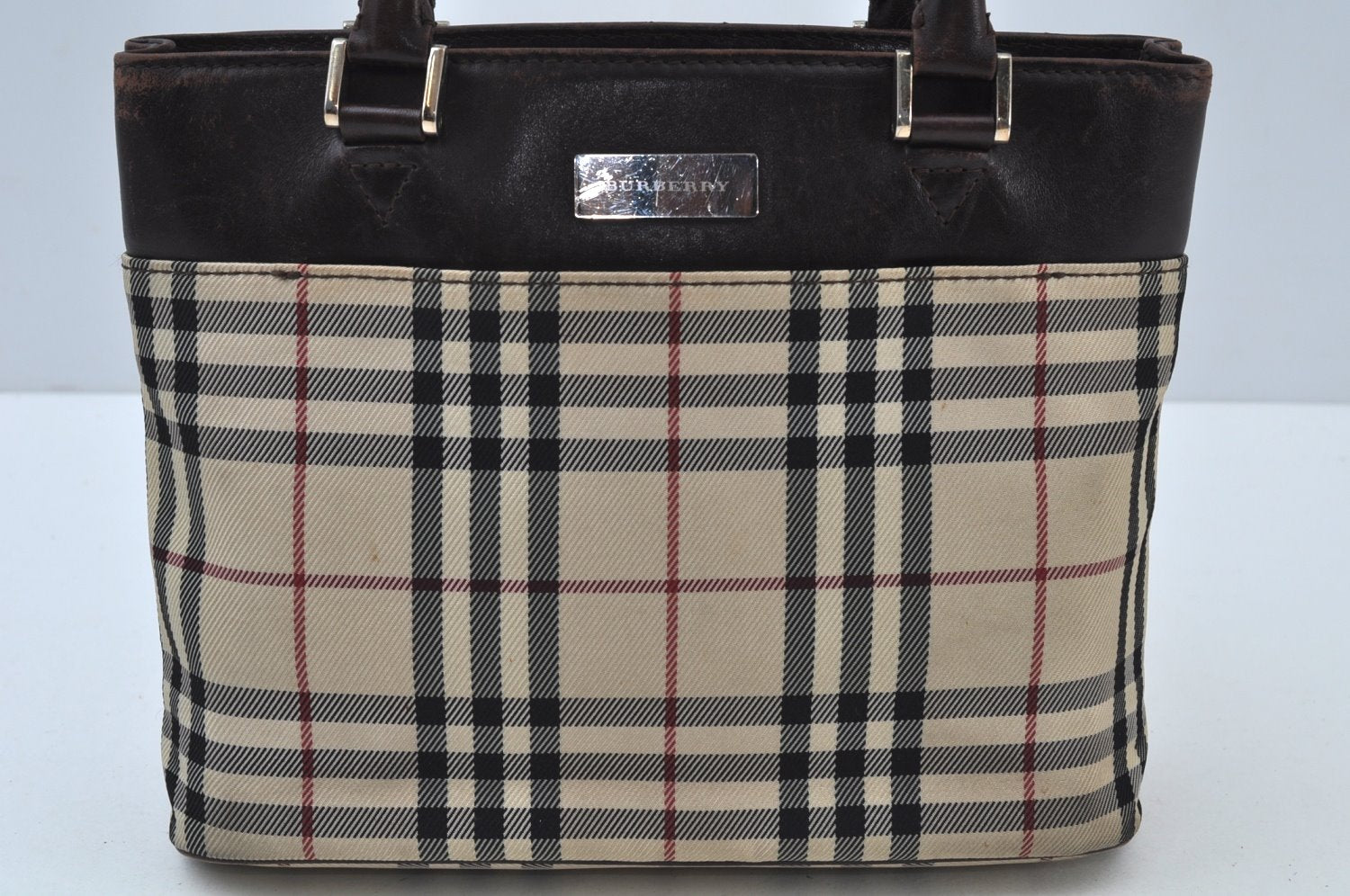 Authentic BURBERRY Vintage Nova Check Nylon Leather Hand Bag Purse Beige 9074I