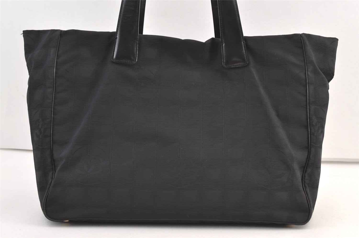Authentic CHANEL New Travel Line Shoulder Tote Bag Nylon Leather Black 9079J