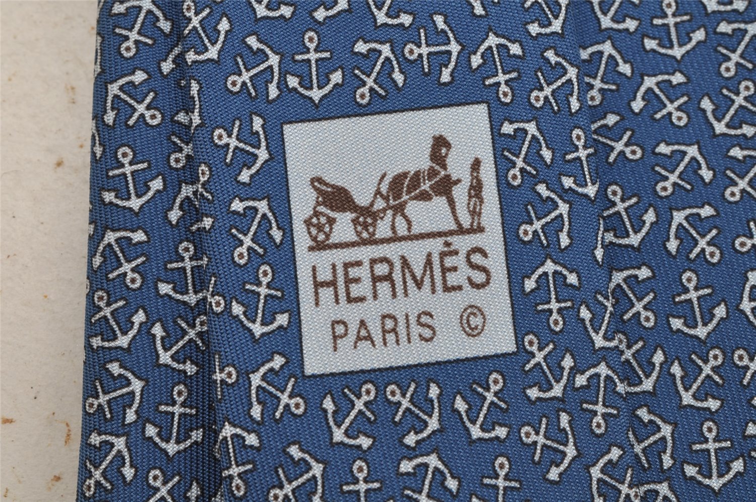 Authentic HERMES Tie Necktie Anchor Pattern Silk 5165IA Blue 9081I