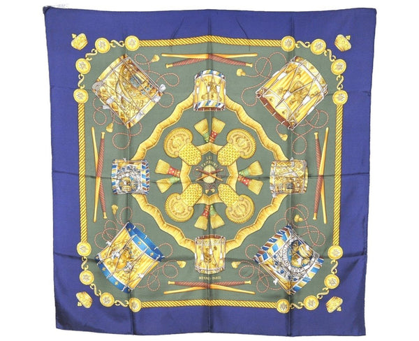 Authentic HERMES Carre 90 Scarf "LES TAMBOURS" Silk Navy 9082I