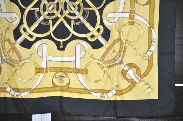 Authentic HERMES Carre 90 Scarf "Eperon d'or" Silk Black 9086J